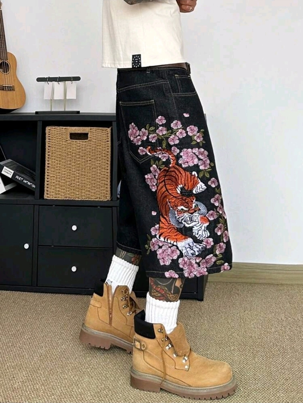 Black Denim Men's Shorts with Embroidered Tiger & Pink Floral Design